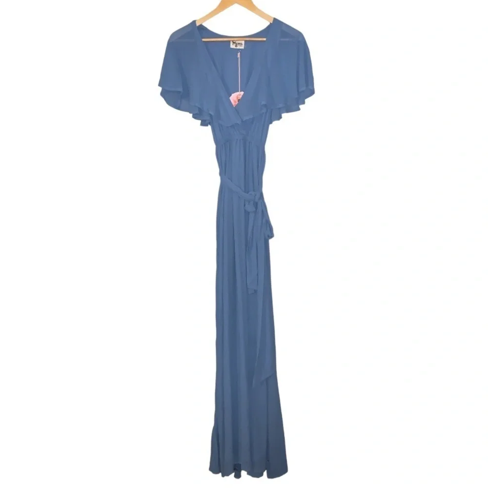 Show Me Your Mumu NWT Audrey Maxi Dress Slate Blue Chiffon Ruffle Tie Size XS